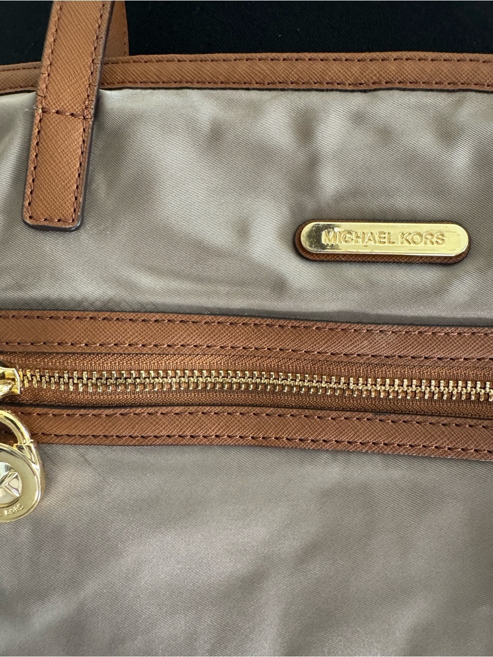 Michael Kors Beige Nylon Tote with Brown Leather Trim and Gold Hardware - Picture 3 of 14